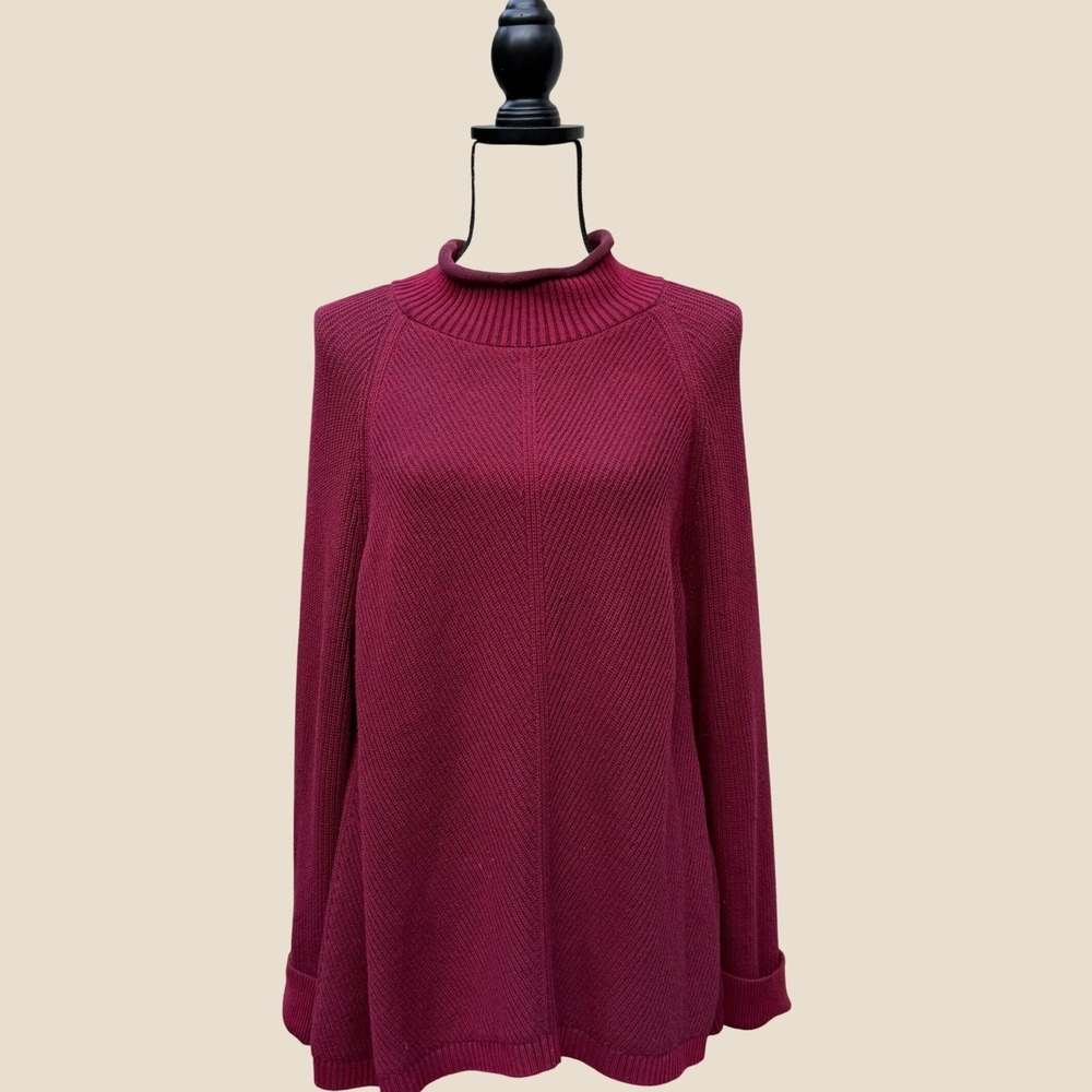 LL Bean Womens 1X Plus Burgundy Ribbed Mock Neck Cotton Sweater 518838